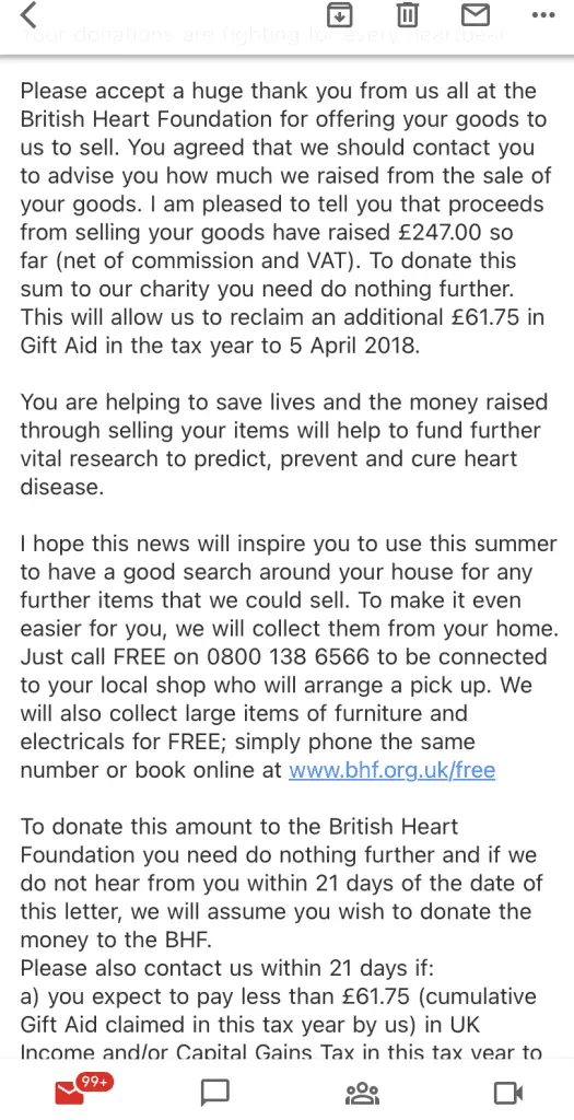 British Heart Foundation furniture donation proceeds