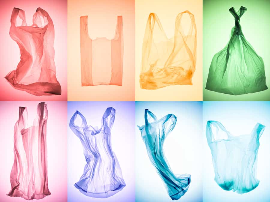 8 plastic bags under coloured lights