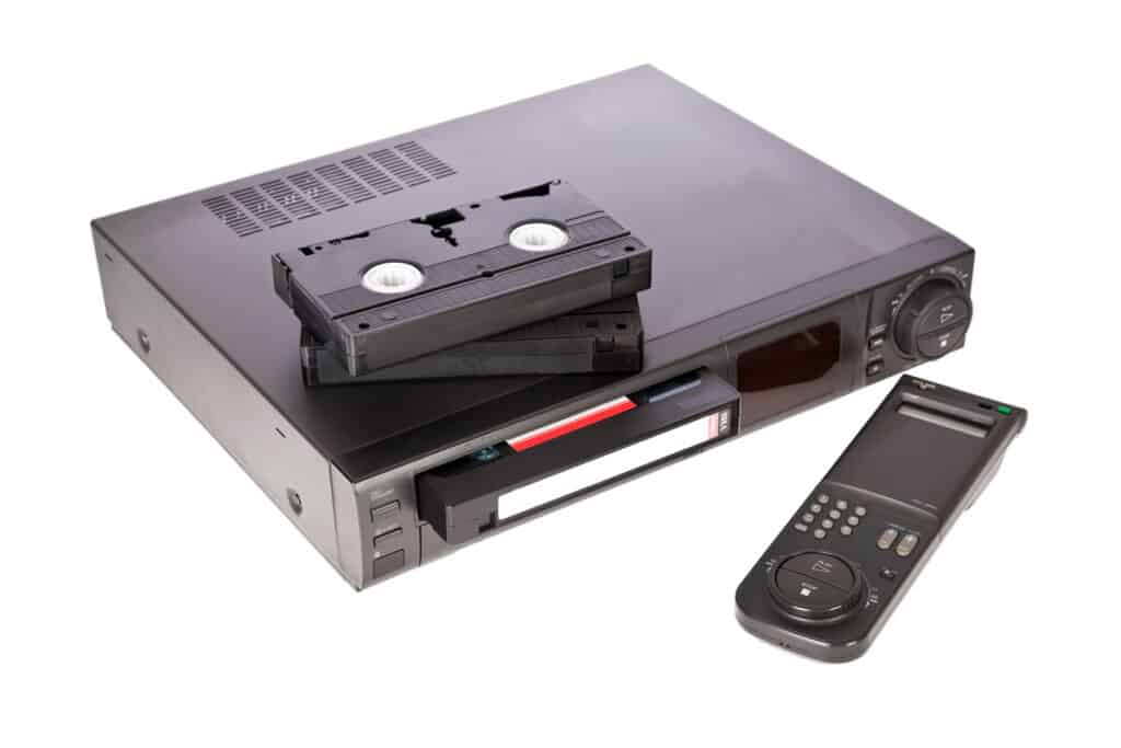 VHS recorder, remote control and video tape